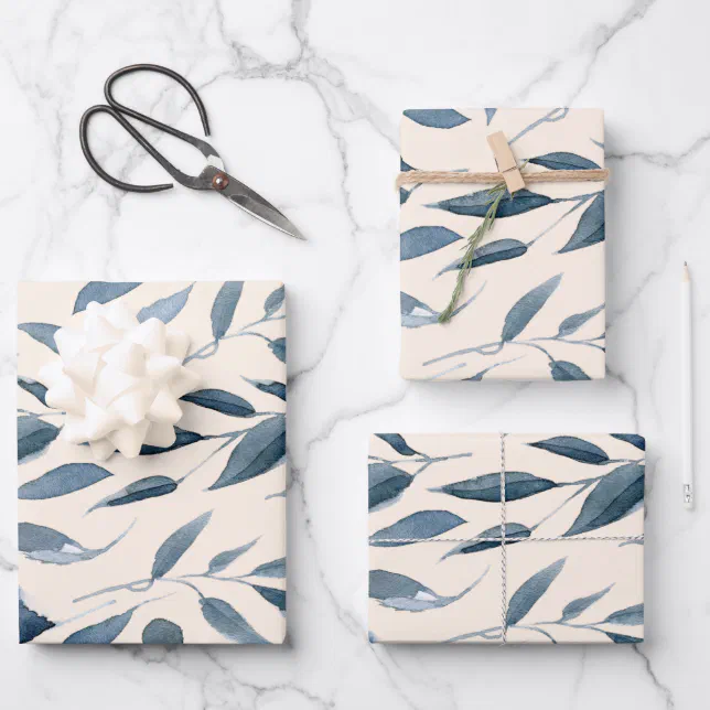 Elegant Modern Watercolor Leaves Pattern Navy Blue Wrapping Paper ...
