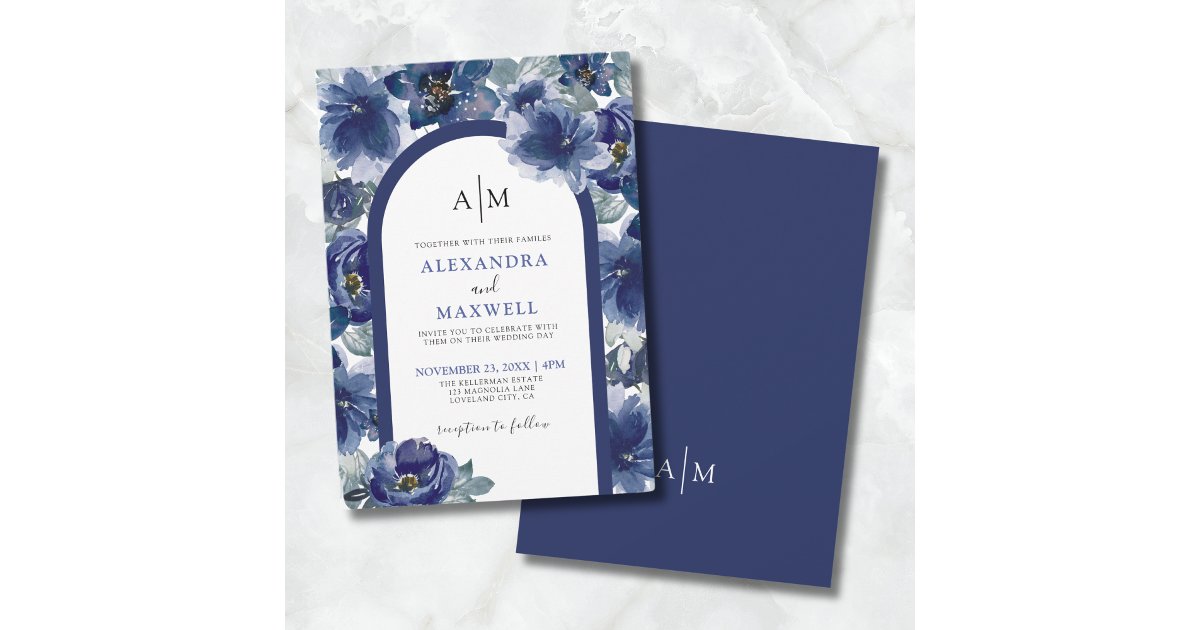 Elegant Modern Watercolor Navy Blue Floral Wedding Invitation | Zazzle