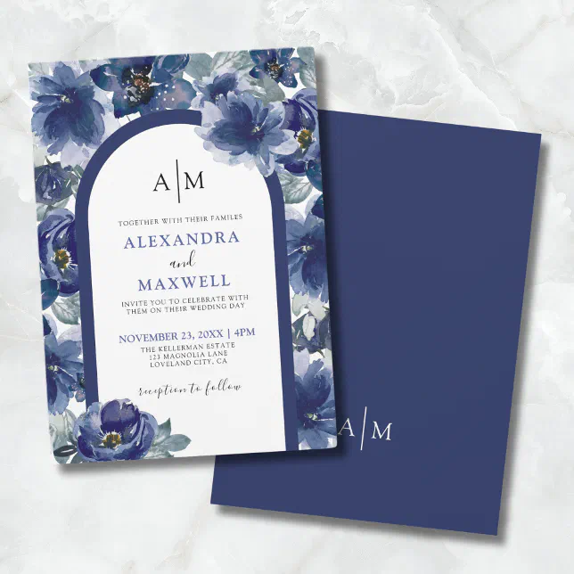 Elegant Modern Watercolor Navy Blue Floral Wedding Invitation | Zazzle