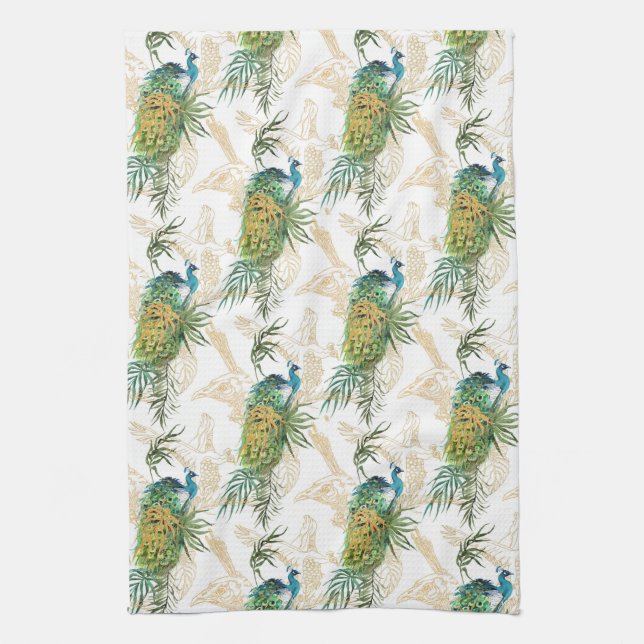 Elegant Modern Watercolor Peacock Floral Pattern Kitchen Towel (Vertical)