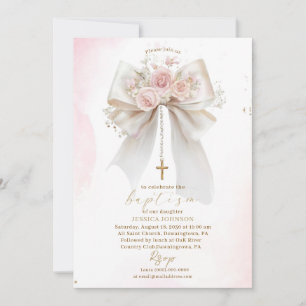 Elegant Modern Watercolor Pink Bow Baptism Cross Invitation
