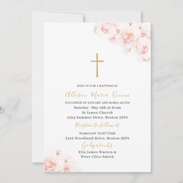 Elegant Modern Watercolor Pink Floral Baptism Invitation (Front)