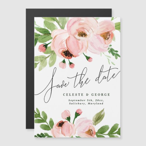 elegant modern watercolor pink peony save the date magnetic invitation