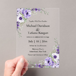 elegant modern watercolor purple floral wedding acrylic invitations