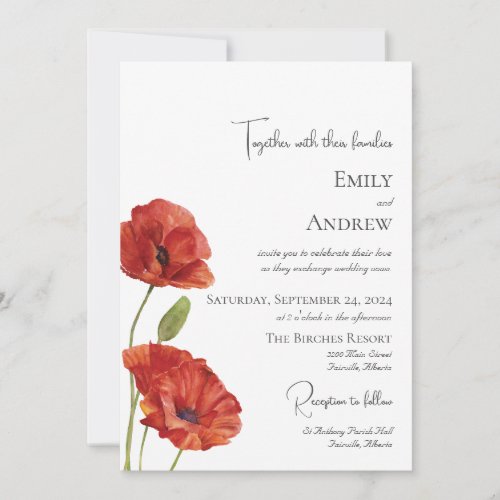 Elegant Modern Watercolor Red Poppies Wedding Invitation