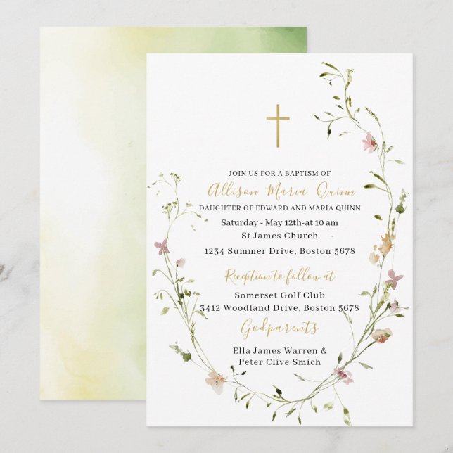 Elegant Modern Watercolor  Wildflowers Baptism Invitation (Front/Back)