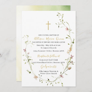 Elegant Modern Watercolor Wildflowers Baptism Invitation