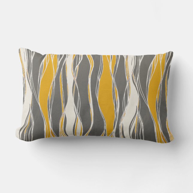 Elegant, modern, waves, lines, light grey, yellow lumbar pillow (Front)