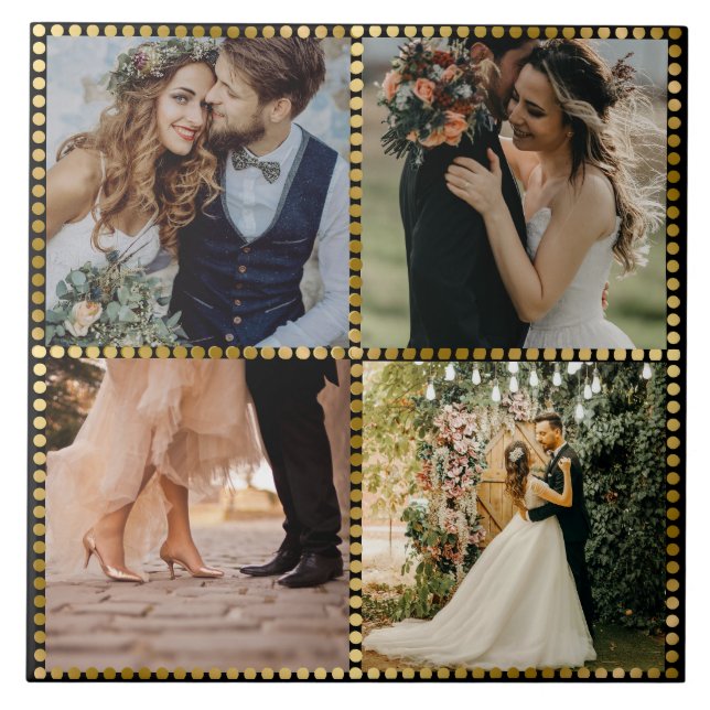 Elegant Modern Wedding 4 Photo golden frame  Ceramic Tile (Front)