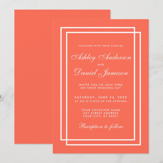 Elegant Modern Wedding Coral White Invitation (Front/Back)
