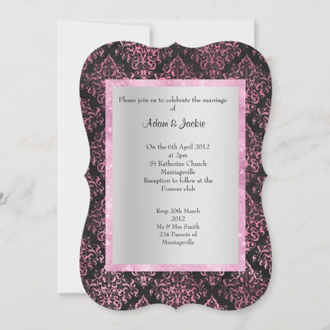 ELEGANT& MODERN WEDDING FLORAL DAMASK BLACK INVITATION (Front)