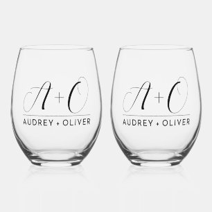 Elegant Modern Wedding Monogram Stemless Wine Glass