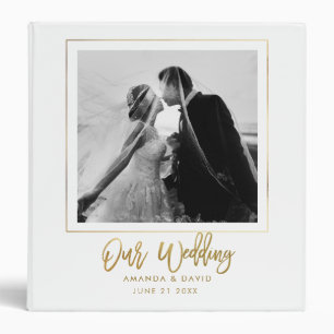 Elegant Modern Wedding Photo Gold Script 3 Ring Binder