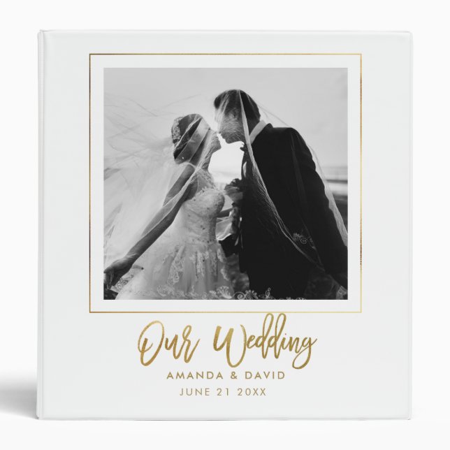 Elegant Modern Wedding Photo Gold Script 3 Ring Binder (Front)
