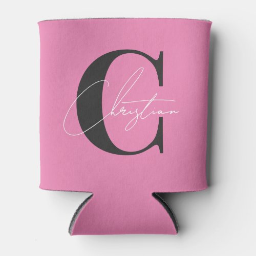 Elegant Modern WH Monogram Pink and Black Can Cooler