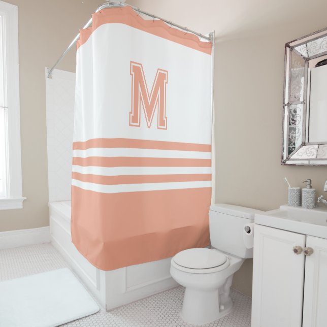 Elegant Modern  Whit& Peach Initial Monogram Shower Curtain (In Situ)