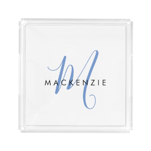 Elegant Modern White Blue Script Monogram Acrylic Tray