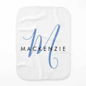 Elegant Modern White Blue Script Monogram Baby Burp Cloth