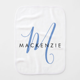Elegant Modern White Blue Script Monogram Baby Burp Cloth