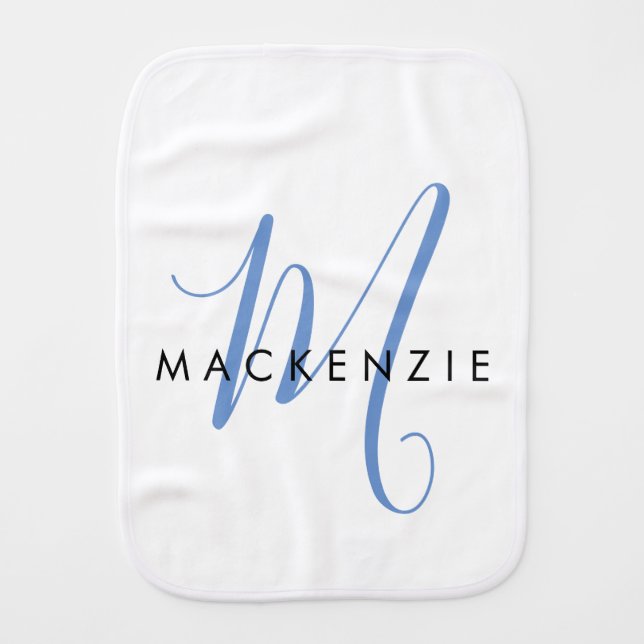 Elegant Modern White Blue Script Monogram Baby Burp Cloth (Front)