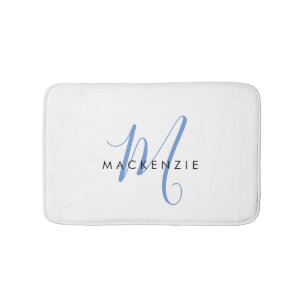 Elegant Modern White Blue Script Monogram Bath Mat