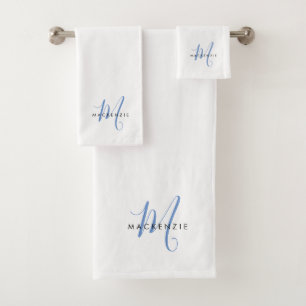 Elegant Modern White Blue Script Monogram Bath Towel Set