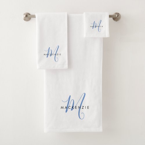 Elegant Modern White Blue Script Monogram Bath Towel Set