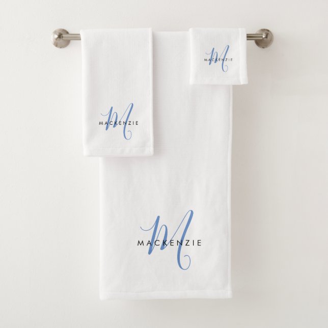 Elegant Modern White Blue Script Monogram Bath Towel Set (Insitu)