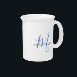 Elegant Modern White Blue Script Monogram Beverage Pitcher<br><div class="desc">Elegant Modern White Blue Script Monogram pitcher.  An elegant blue script monogram combined with a clean black san-serif font makes for a contemporary look.</div>