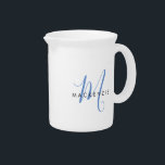 Elegant Modern White Blue Script Monogram Beverage Pitcher<br><div class="desc">Elegant Modern White Blue Script Monogram pitcher.  An elegant blue script monogram combined with a clean black san-serif font makes for a contemporary look.</div>