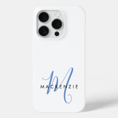 Elegant Modern White Blue Script Monogram iPhone 15 Pro Case