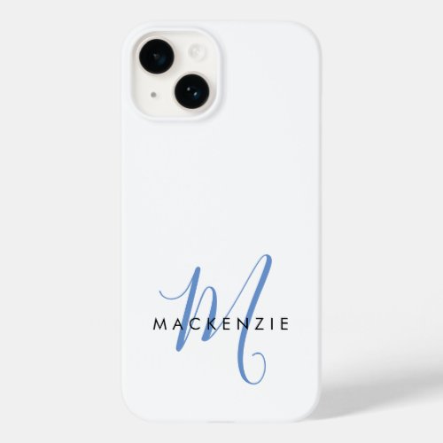 Elegant Modern White Blue Script Monogram Case_Mate iPhone 14 Case