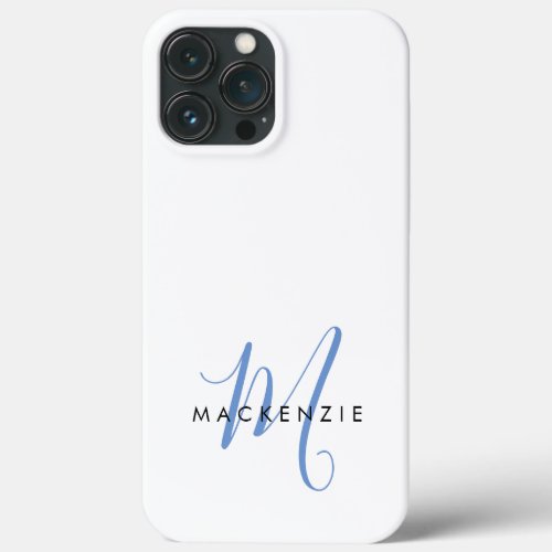 Elegant Modern White Blue Script Monogram iPhone 13 Pro Max Case