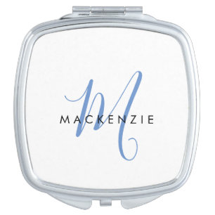 Elegant Modern White Blue Script Monogram Compact Mirror
