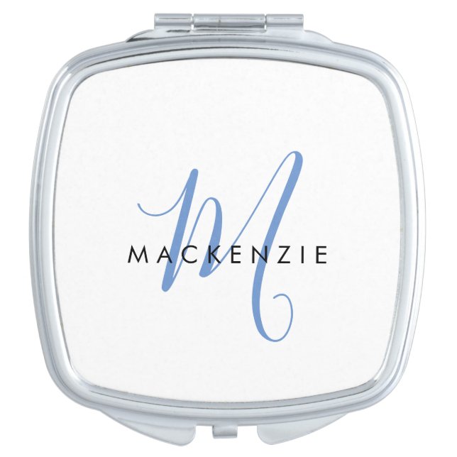 Elegant Modern White Blue Script Monogram Compact Mirror (Front)