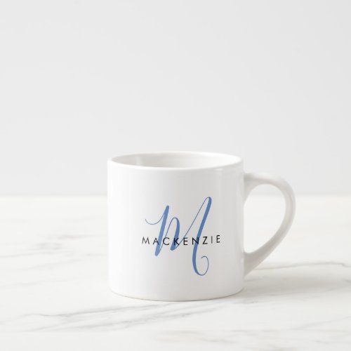 Elegant Modern White Blue Script Monogram Espresso Cup