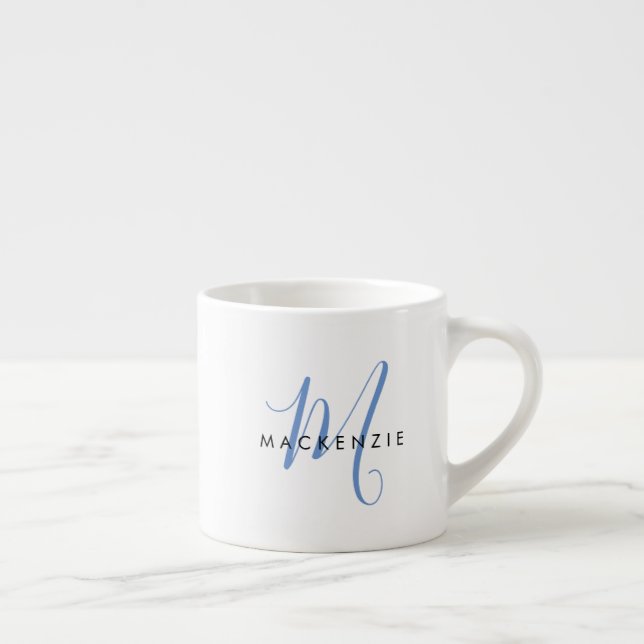 Elegant Modern White Blue Script Monogram Espresso Cup (Right)