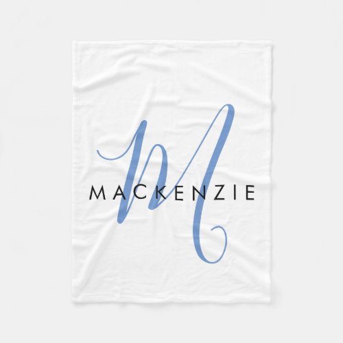Elegant Modern White Blue Script Monogram Fleece Blanket
