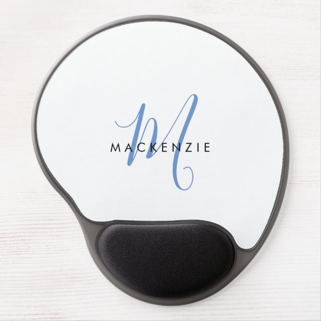 Elegant Modern White Blue Script Monogram Gel Mouse Pad (Front)