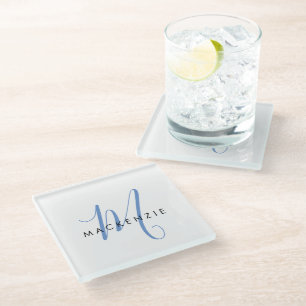 Elegant Modern White Blue Script Monogram Glass Coaster