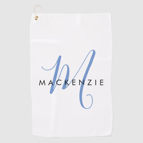 Elegant Modern White Blue Script Monogram Golf Towel