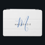 Elegant Modern White Blue Script Monogram iPad Mini Cover<br><div class="desc">Elegant Modern White Blue Script Monogram iPad Mini Cover.  An elegant blue script monogram combined with a clean black san-serif font makes for a contemporary look.</div>