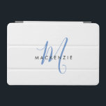 Elegant Modern White Blue Script Monogram iPad Mini Cover<br><div class="desc">Elegant Modern White Blue Script Monogram iPad Mini Cover.  An elegant blue script monogram combined with a clean black san-serif font makes for a contemporary look.</div>