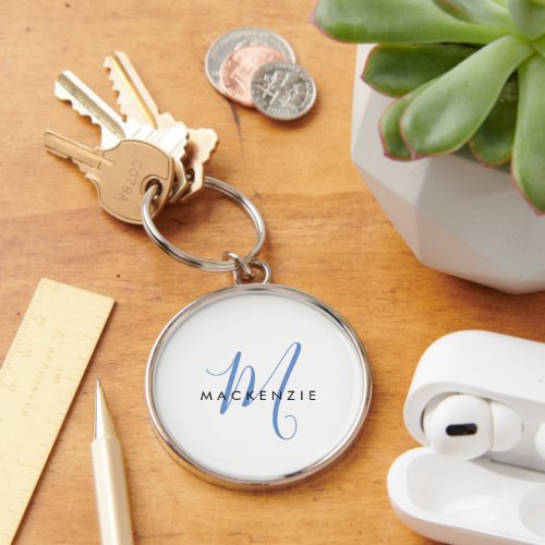 Elegant Modern White Blue Script Monogram Keychain