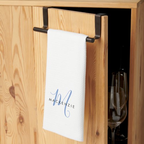 Elegant Modern White Blue Script Monogram Kitchen Towel