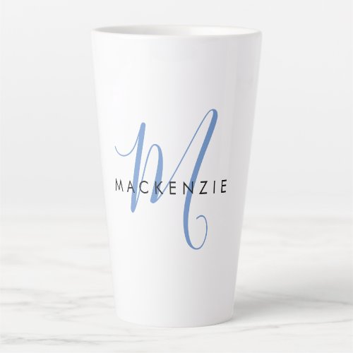 Elegant Modern White Blue Script Monogram Latte Mug