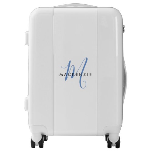 Elegant Modern White Blue Script Monogram Luggage
