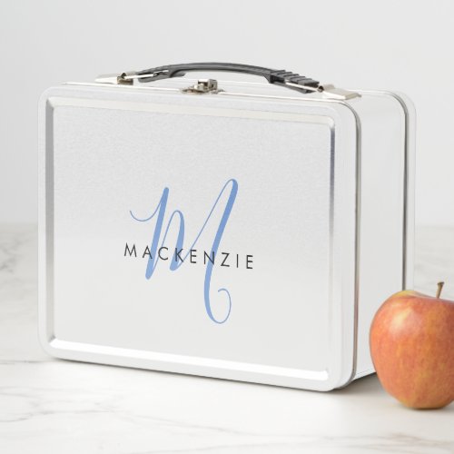 Elegant Modern White Blue Script Monogram Metal Lunch Box