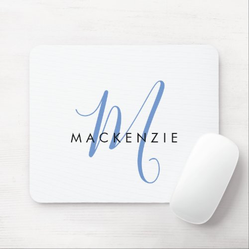 Elegant Modern White Blue Script Monogram Mouse Pad