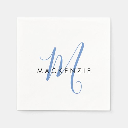 Elegant Modern White Blue Script Monogram Napkins